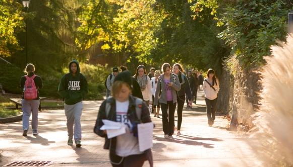 Students walking up a hill