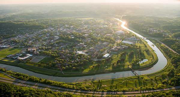 Aerial view of Ohio University's Athens campus at sunset