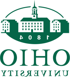 Ohio University secondary formal logo, featuring the woodcut buildings above the wordmark rather than beside